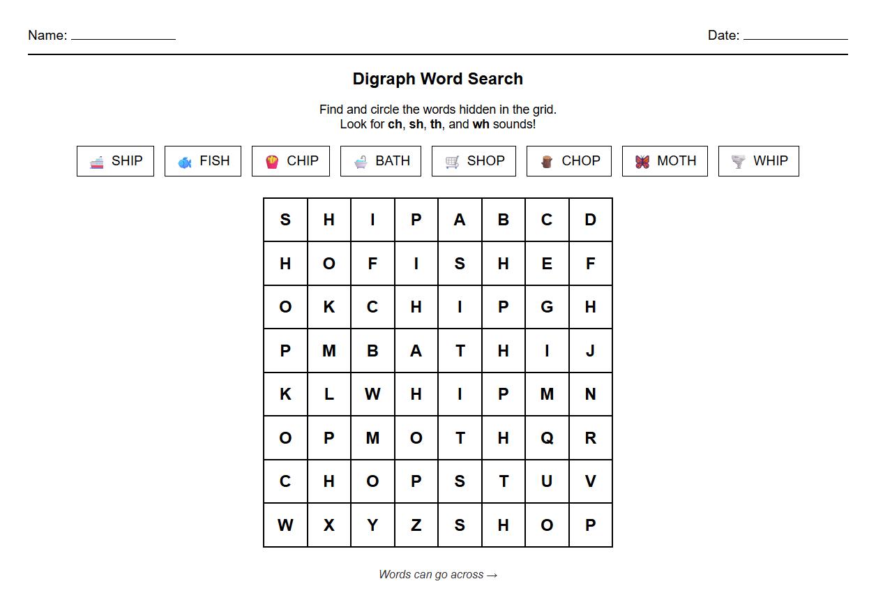Digraph Word Search Puzzle for Phonics Awareness