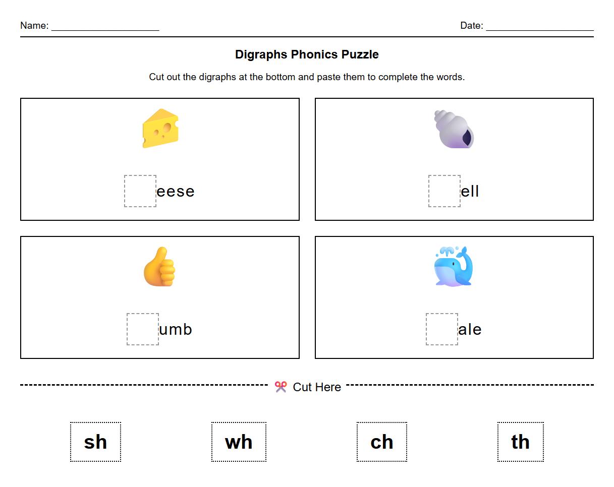 Digraphs Phonics Puzzle Assembly Cut and Paste Worksheet for Kindergarten