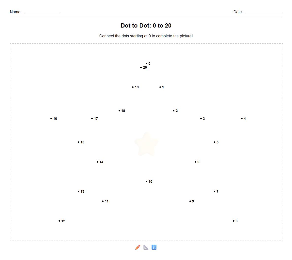 Dot to Dot Number Sequencing 0 to 20 Worksheet