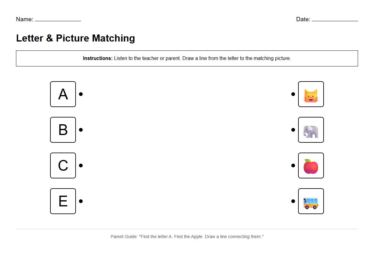 Draw Lines to Match Letters and Pictures per Spoken Instructions