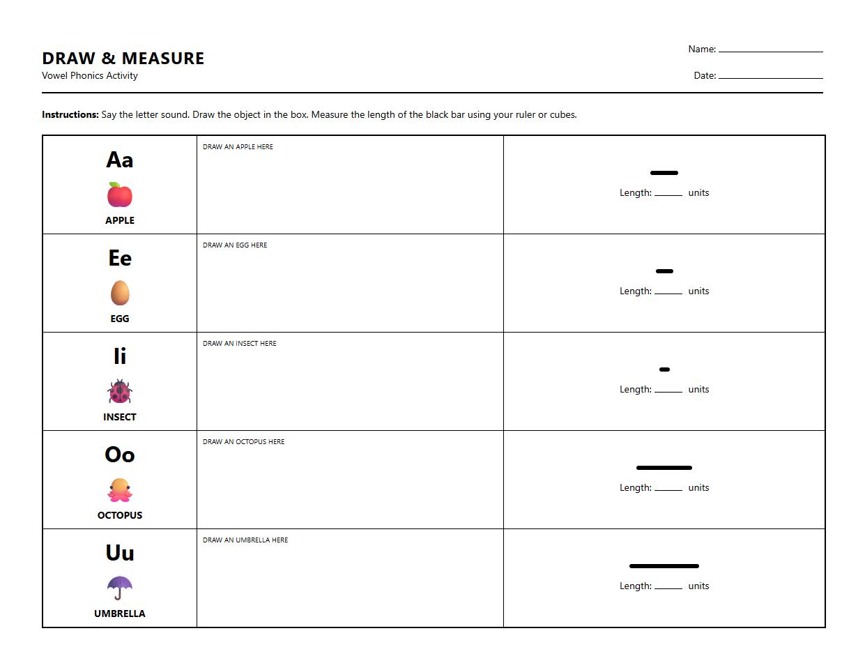 Draw and Measure Objects with Vowel Phonics Prompts