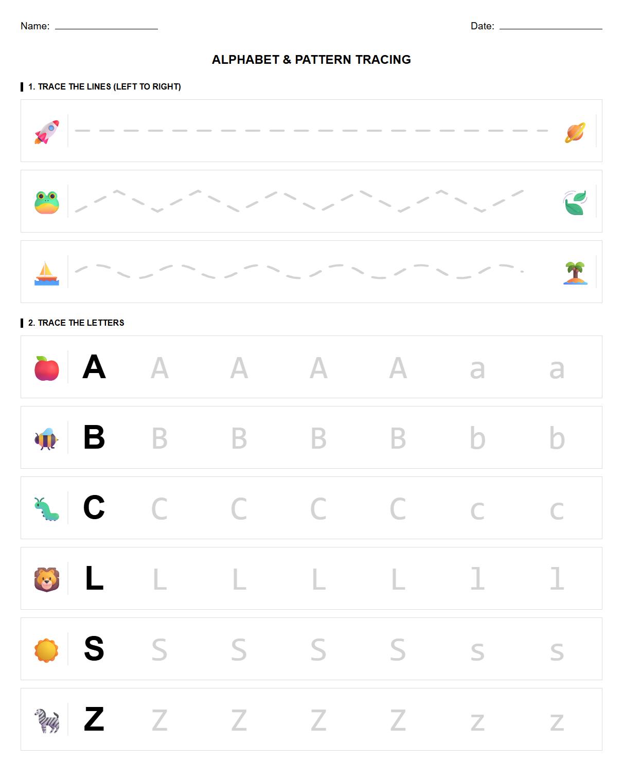 Early Literacy Tracing Worksheet: Alphabet Tracing with Mixed Line and Curve Patterns