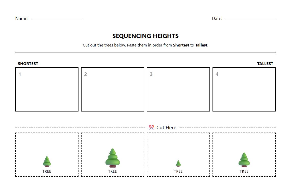 Early Math Phonics Worksheet Sequencing Heights with Visual Cues