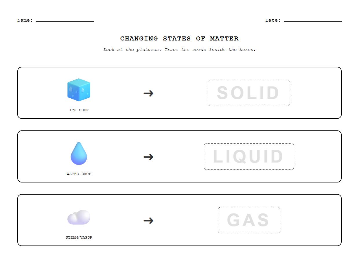 Early Science Trace and Color Changing States Worksheet