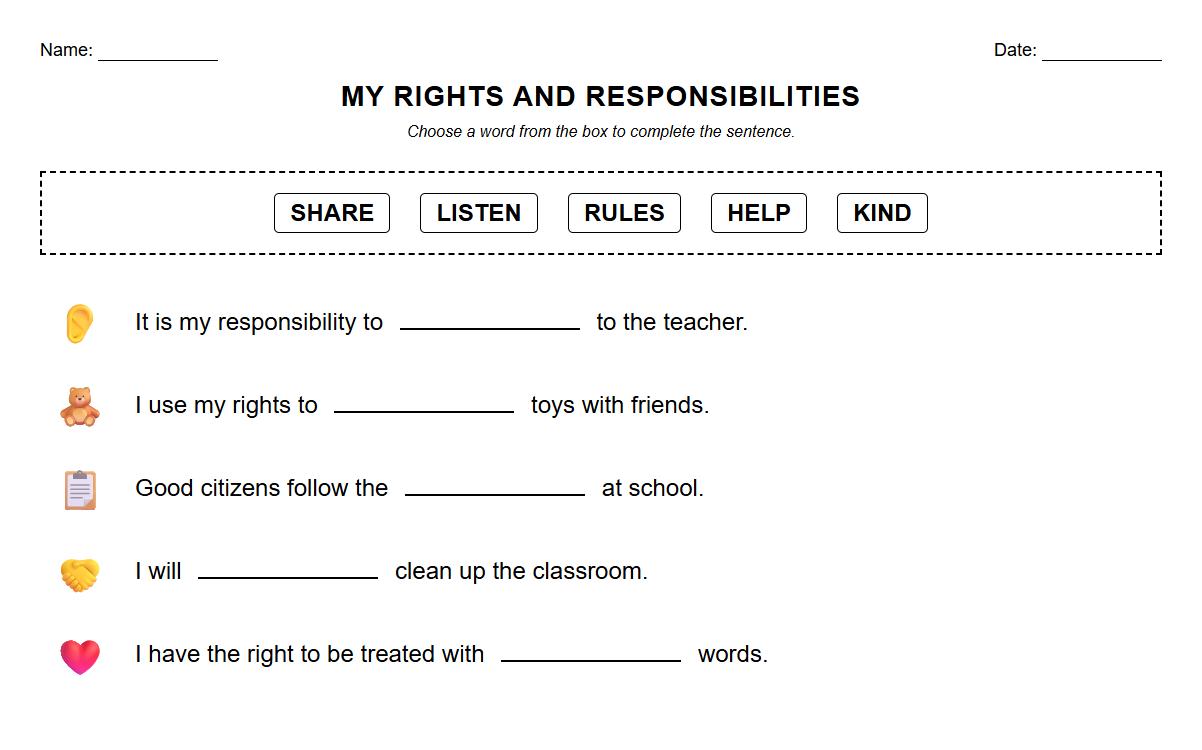 Fill in the Blank Worksheet with Citizenship Vocabulary Focused on Rights and Responsibilities