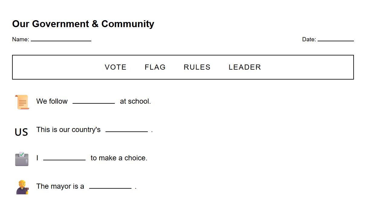 Fill in the Blank Worksheet Using Key Terms from Government and Civics