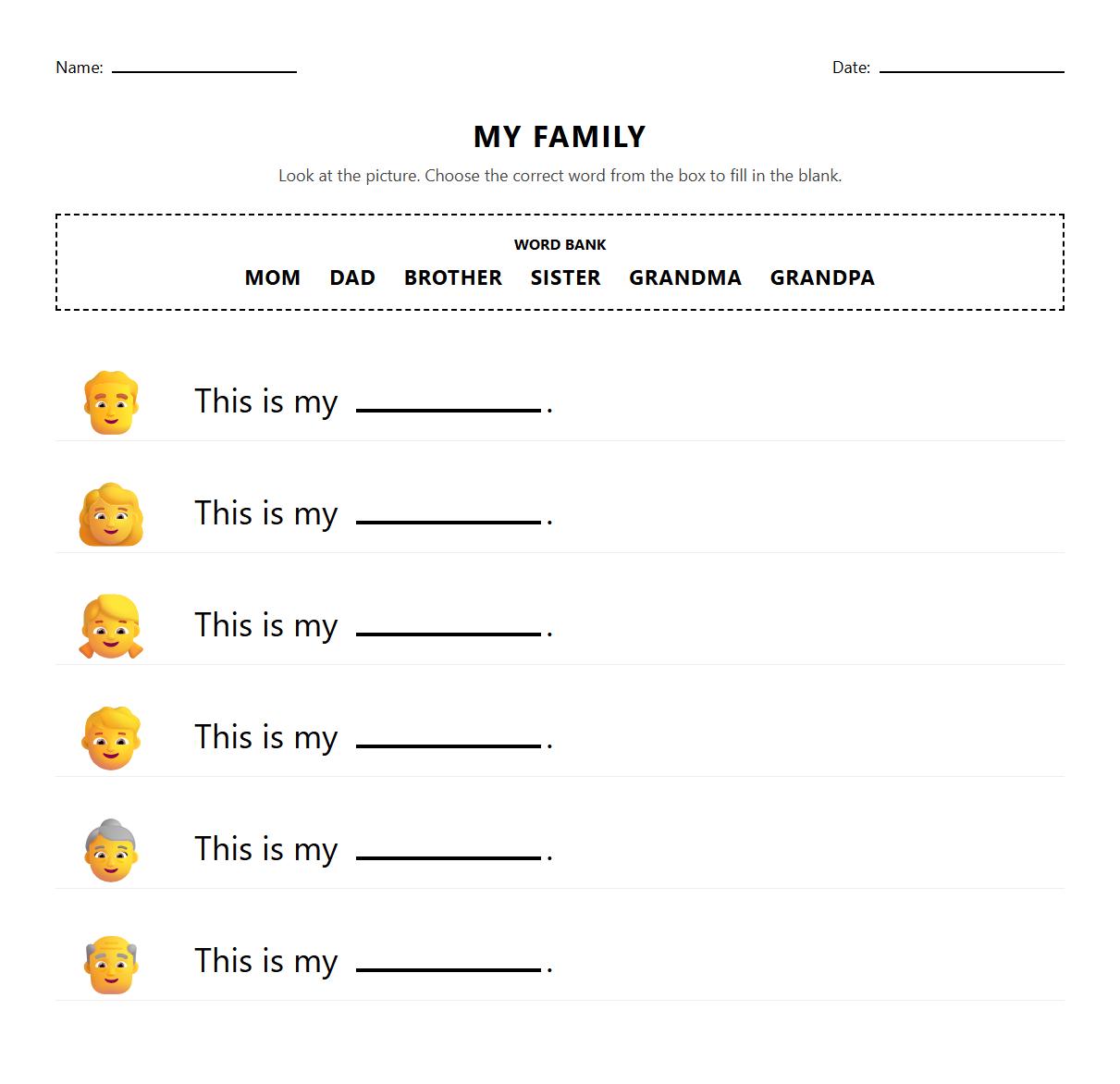 Fill in the Blanks Family Members Activity