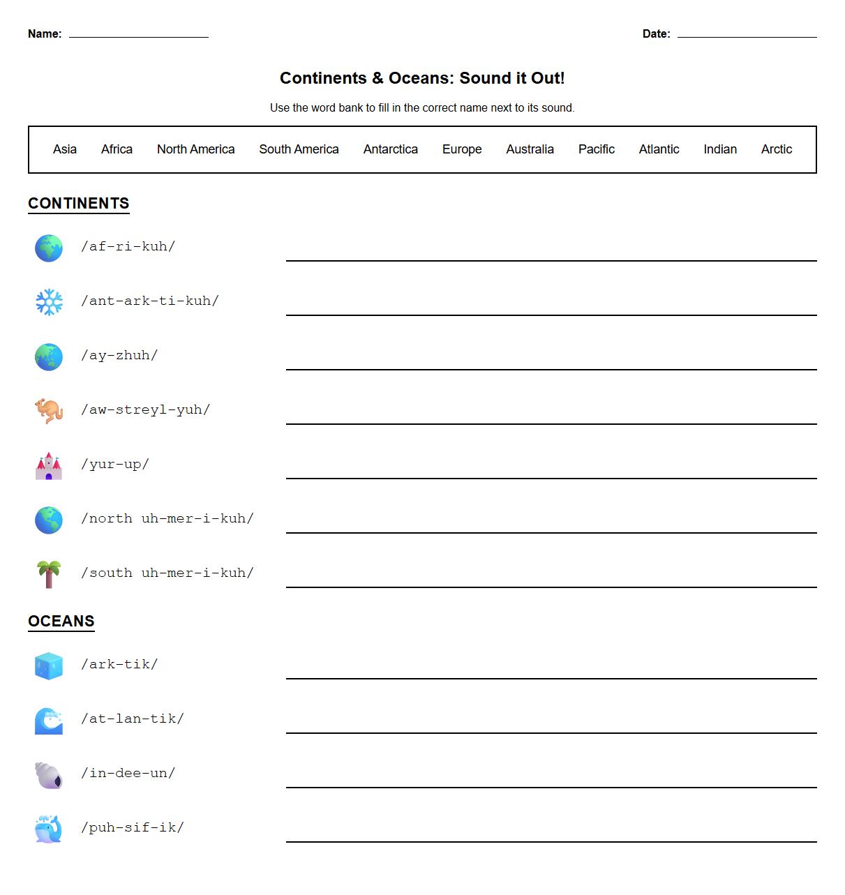 Fill in the Blanks with Phonetic Spelling for Continents and Oceans