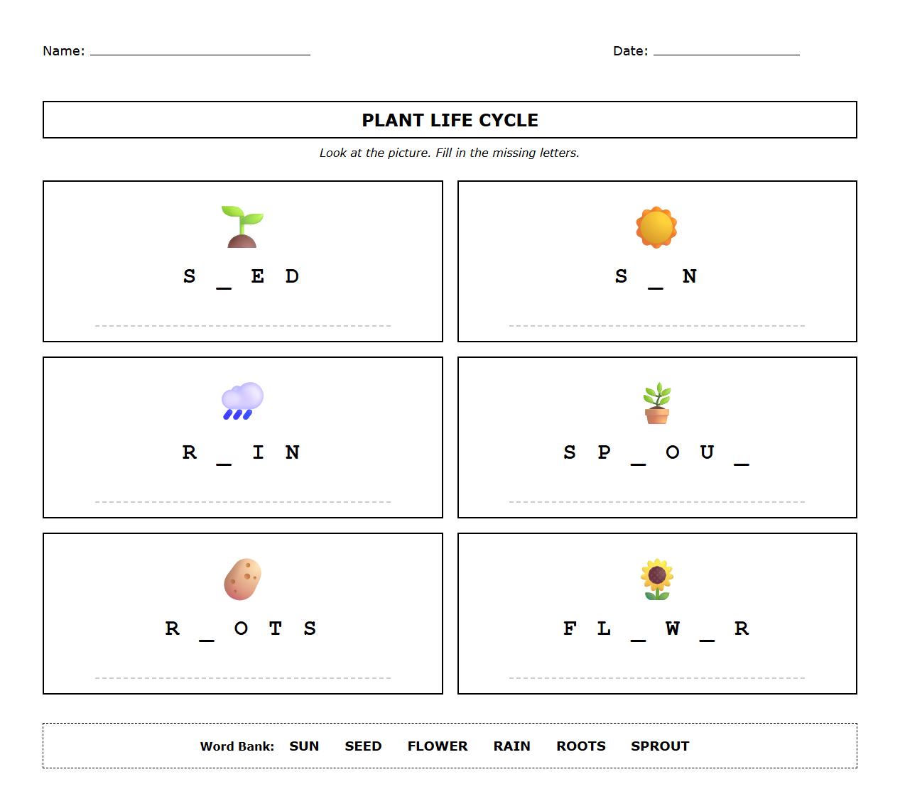 Fill the Gaps Phonics Worksheet for Plant Life Cycle Terminology