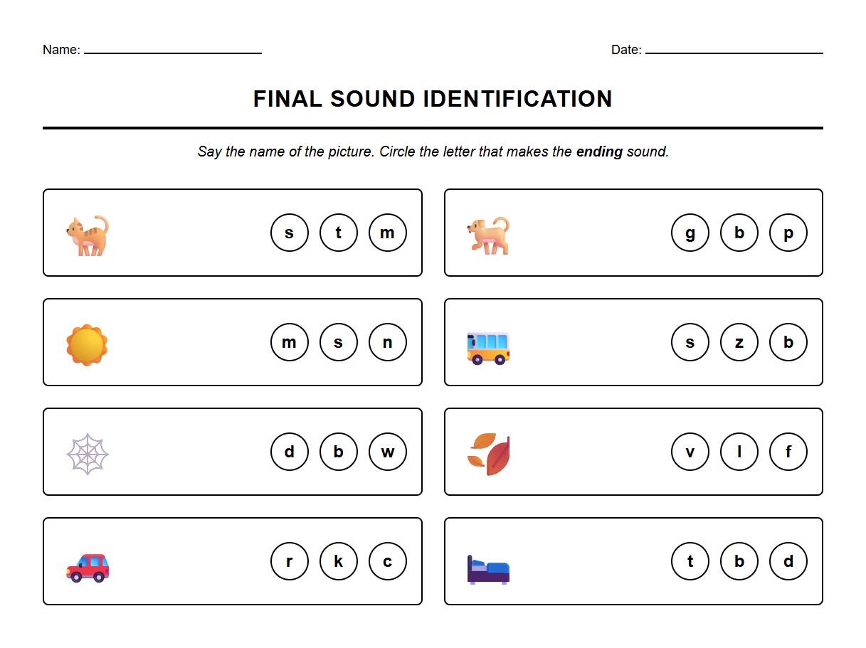 Final Sound Identification Worksheet