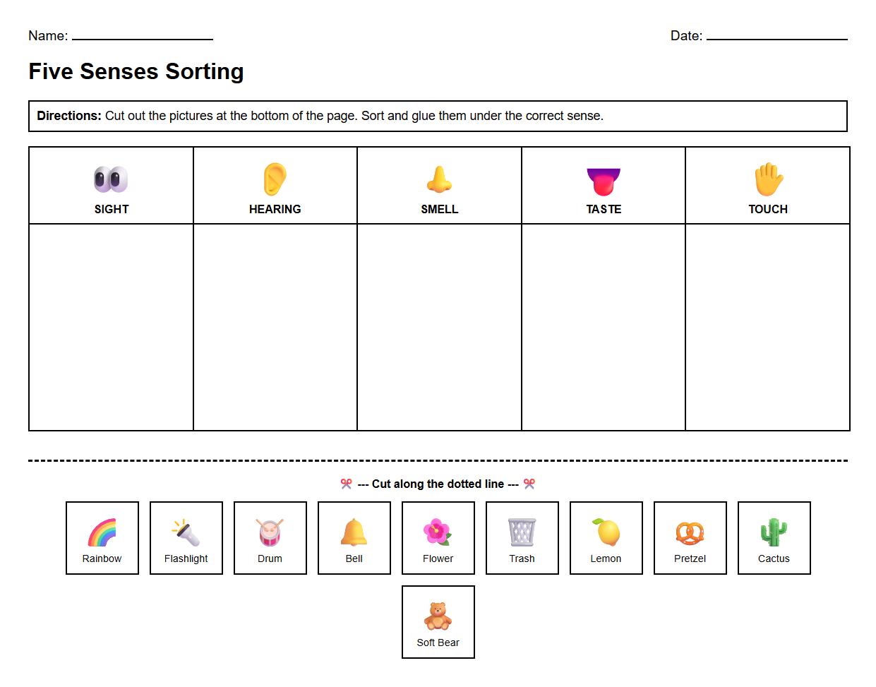 Five Senses Sorting Activity Worksheet with Sensory Vocabulary
