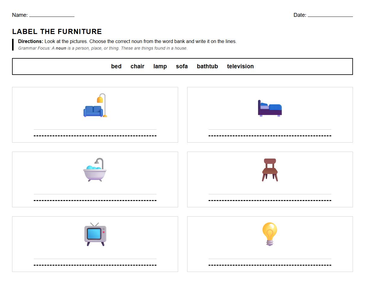 Grammar Focus Label the Furniture Worksheet