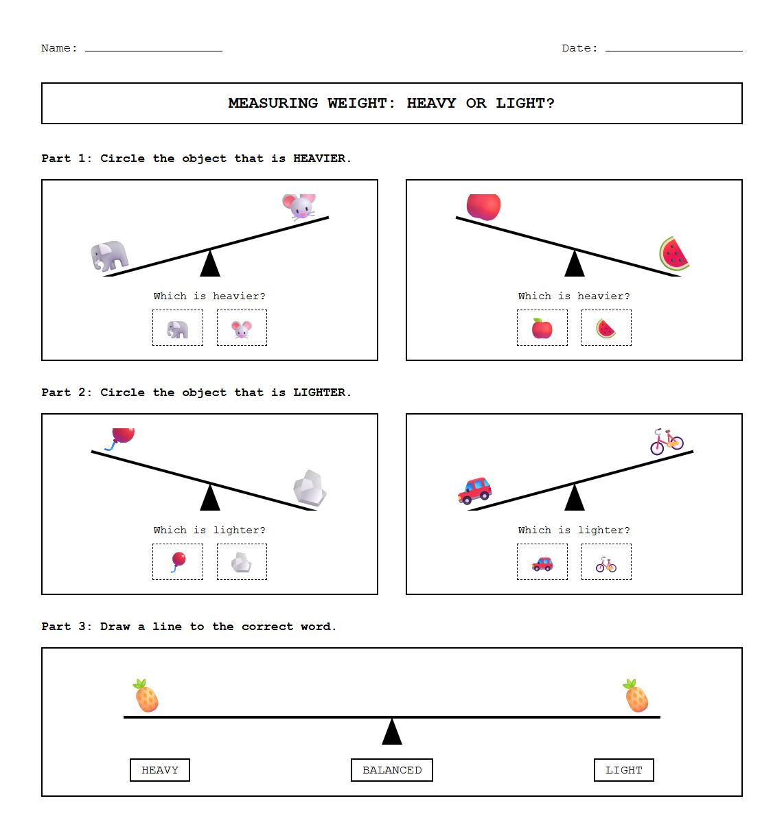 Hands On Measurement Worksheet Using Balance Scales for Comparing Weight
