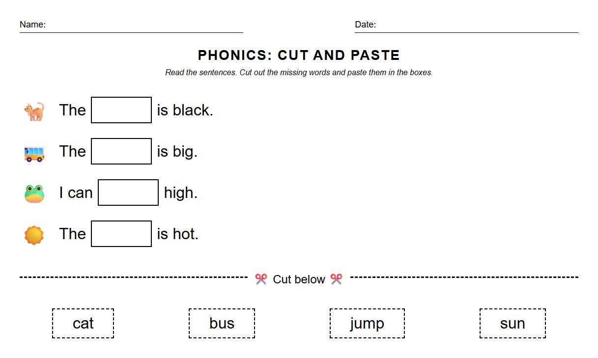 High-Frequency Words Cut and Paste Phonics Worksheet