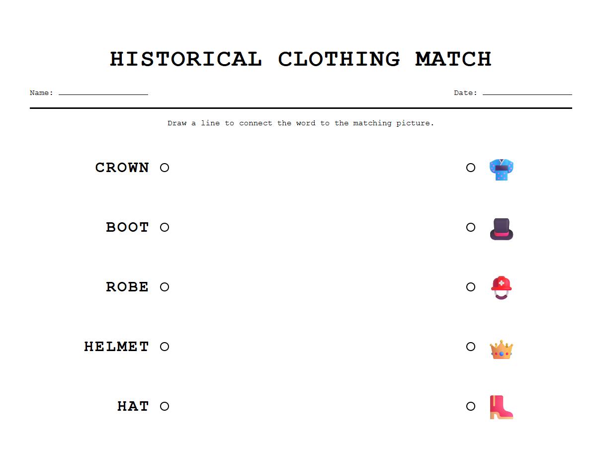 Historical Clothing Phonics Word Match Sheet