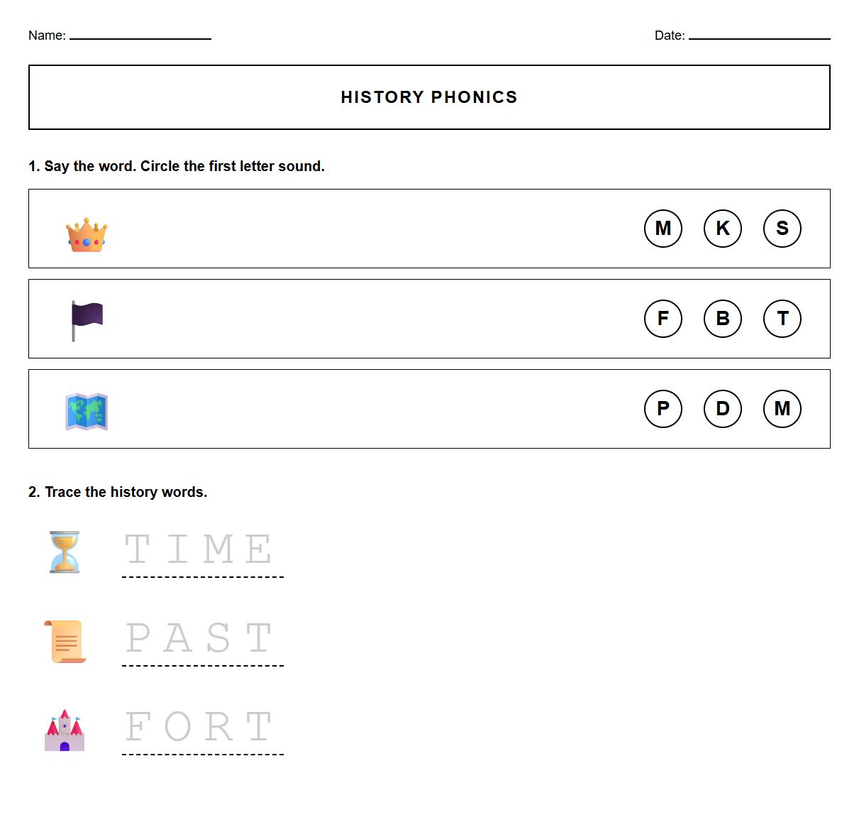 Historical vocabulary phonics practice