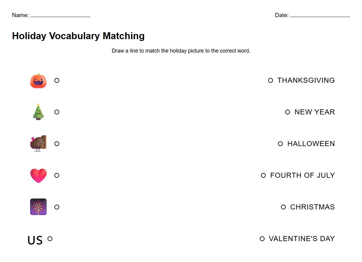 Holiday Vocabulary Matching with Pictures Worksheet