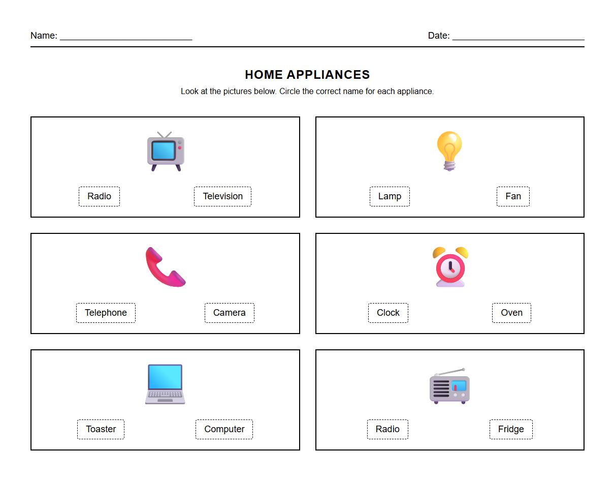 Home Appliances Picture Identification Worksheet