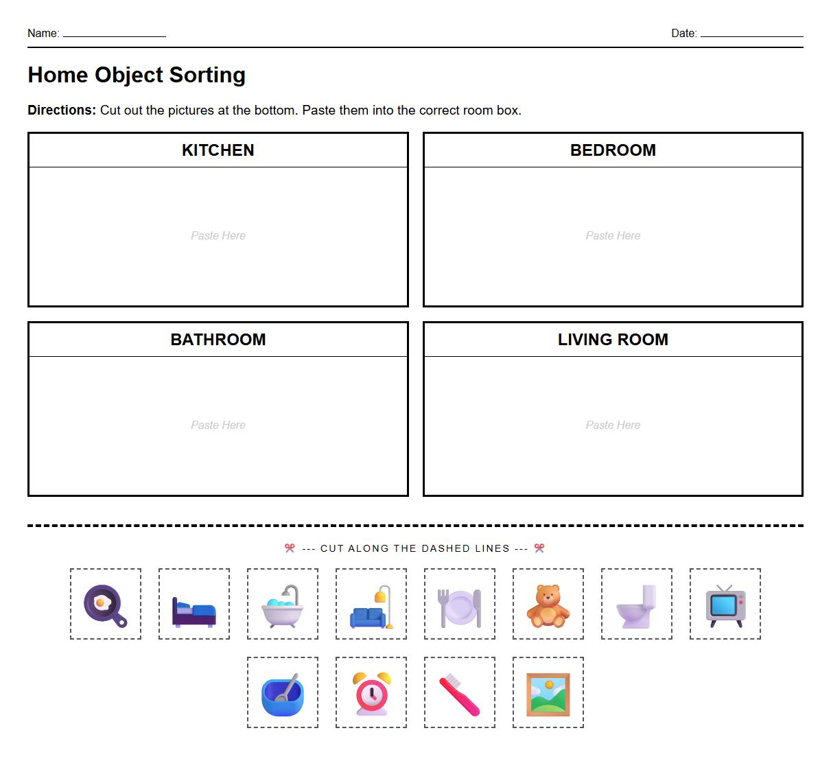 Home Object Cut and Paste Sorting Worksheet