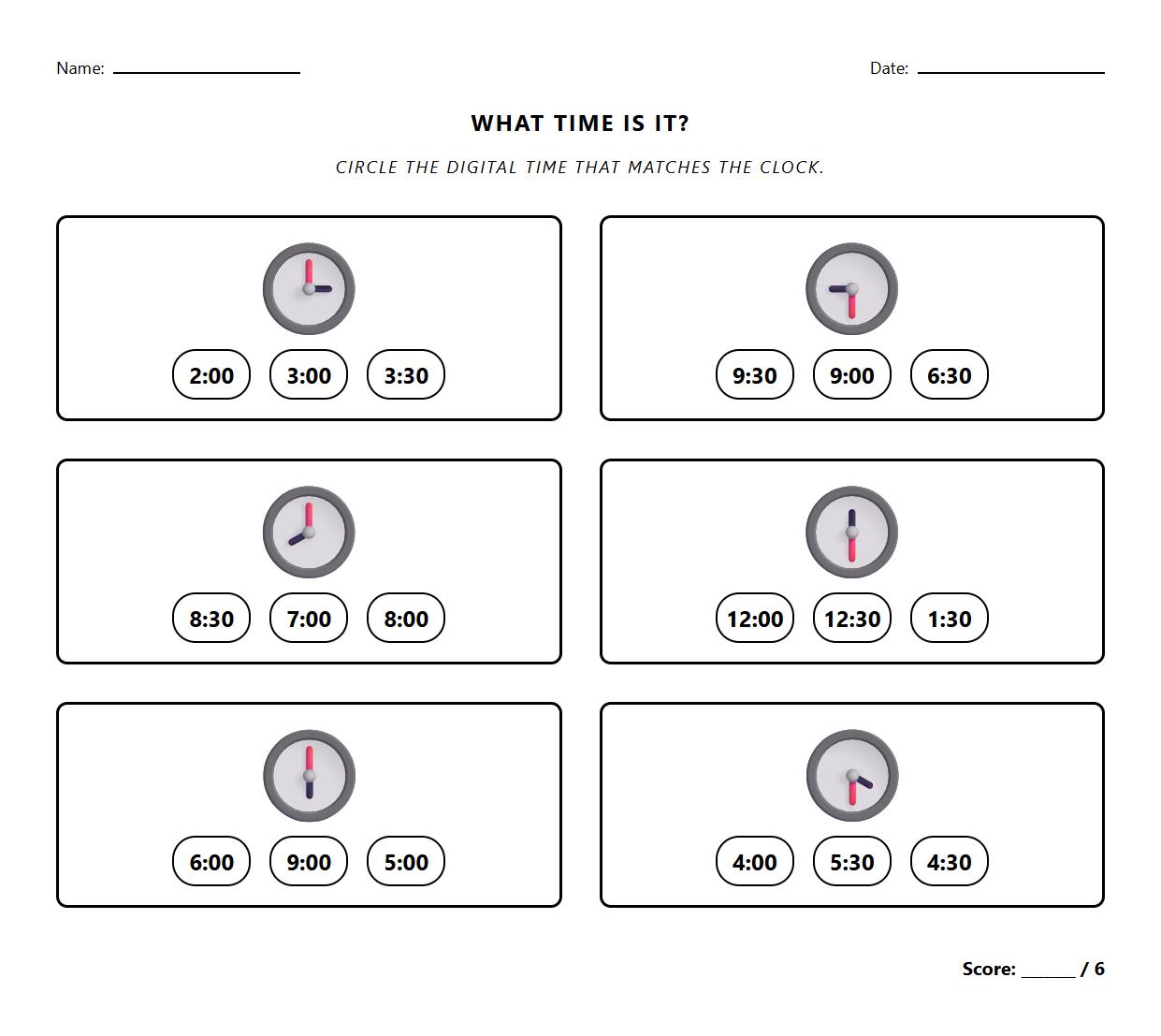 Hour and Half Hour Digital Time Identification