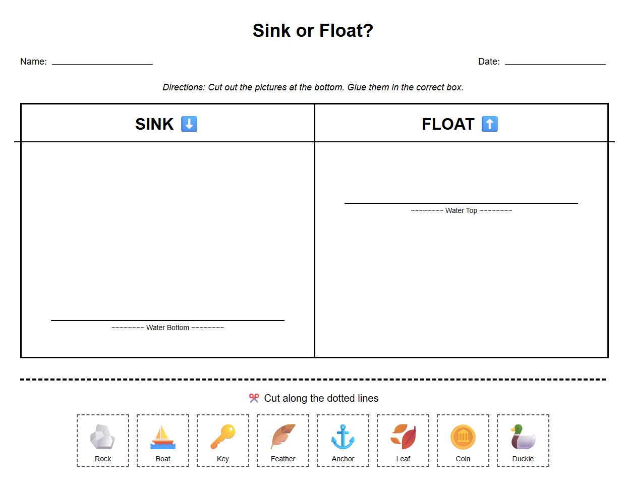 Illustrated Sink or Float Cut and Paste Activity