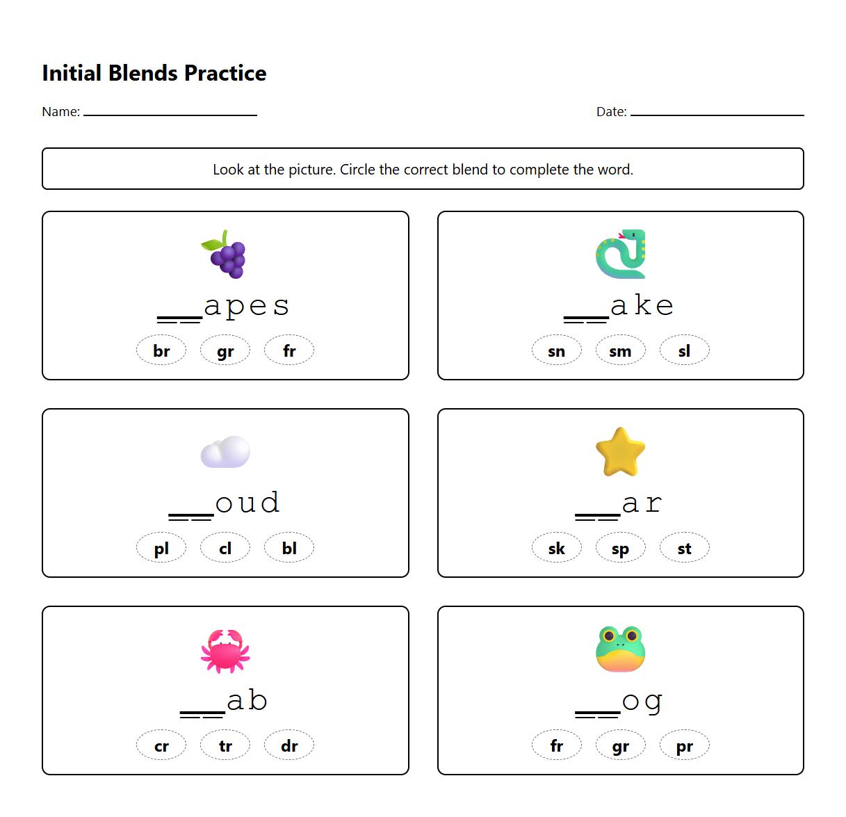 Initial Consonant Blending Practice Sheet