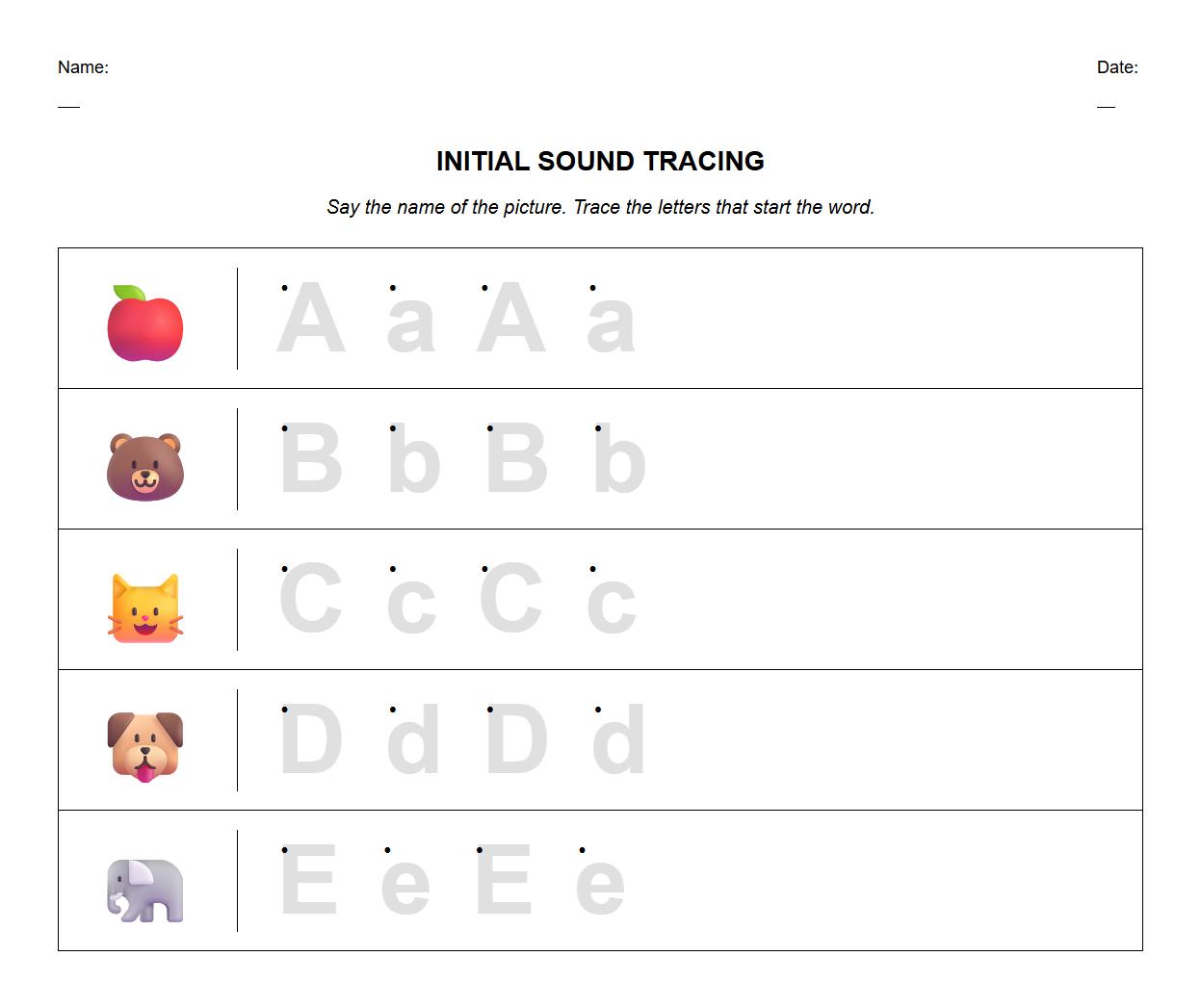 Initial Sound Identification with Letter Tracing Worksheet