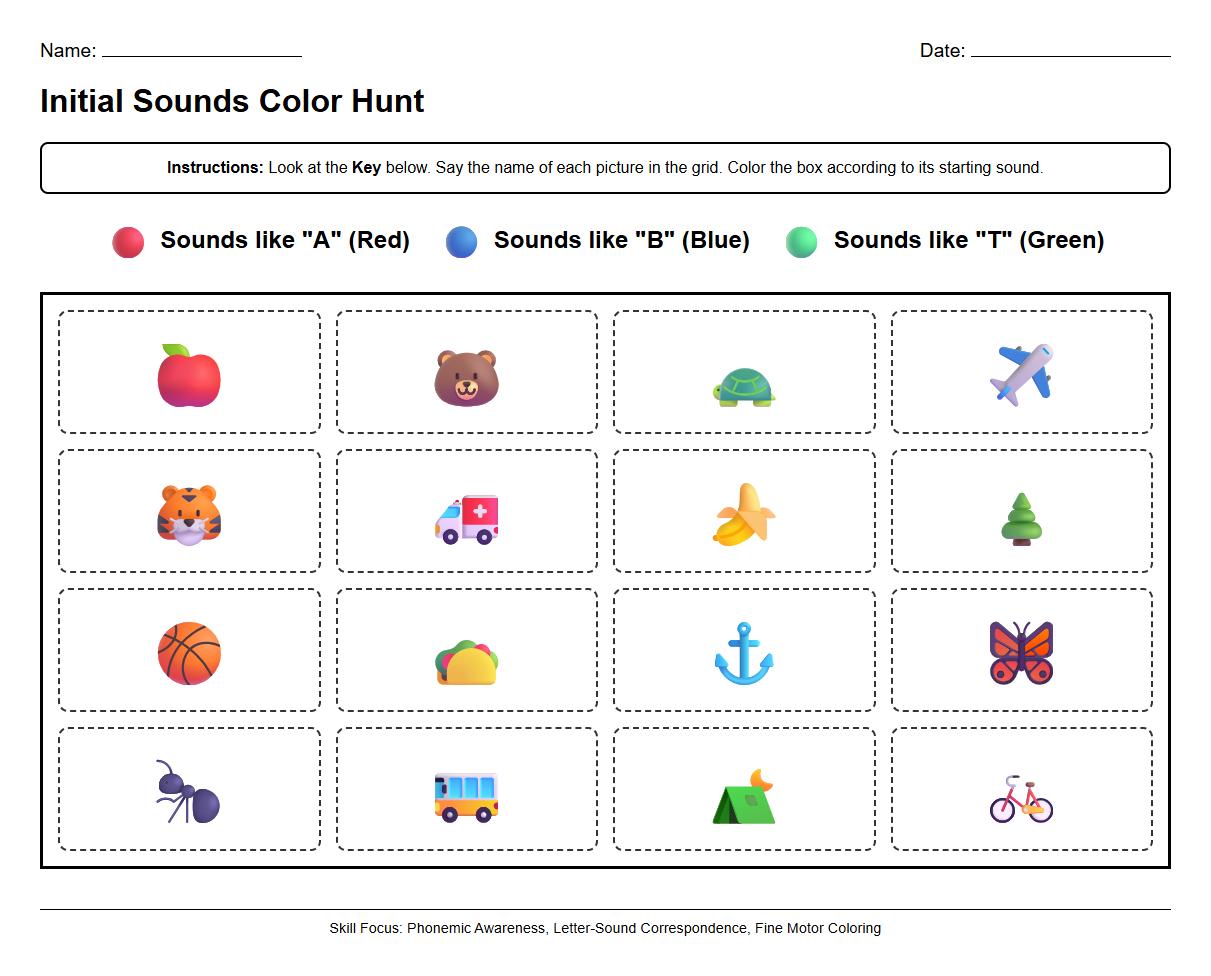 Initial Sounds Color Hunt Worksheet