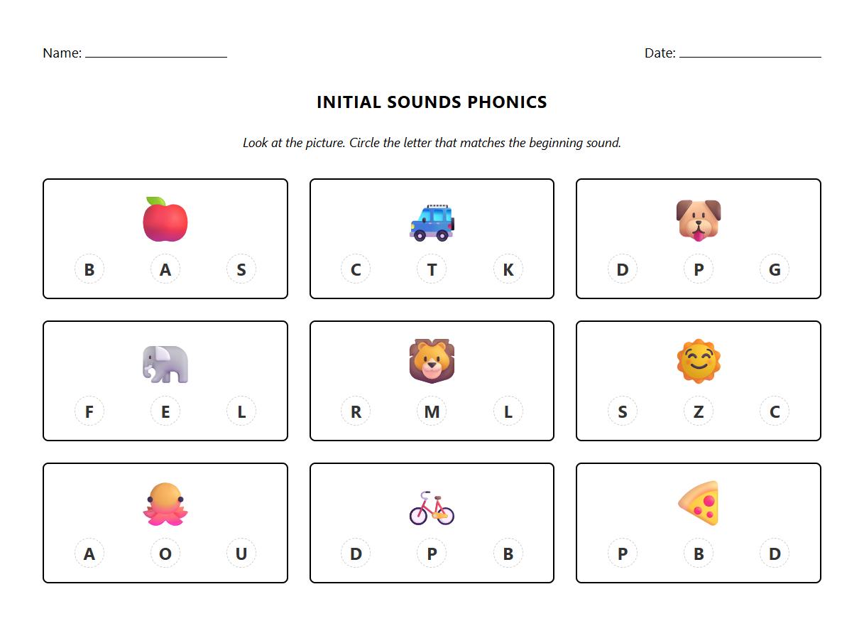 Initial Sounds Identification Phonics Activity