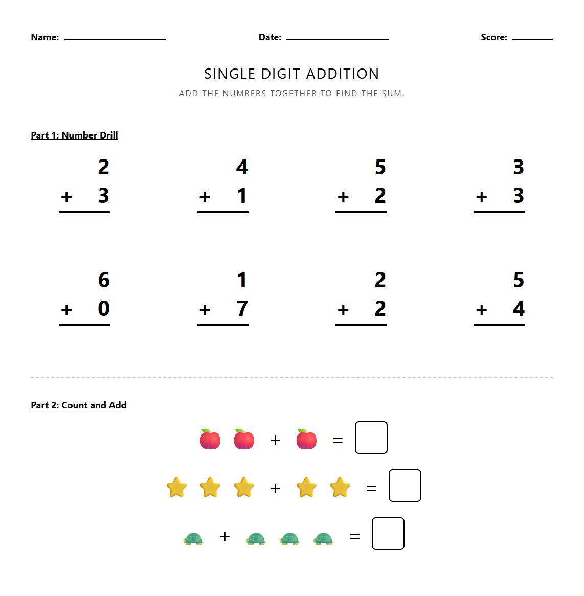 Kindergarten Math Drill Worksheet on Single Digit Addition Facts