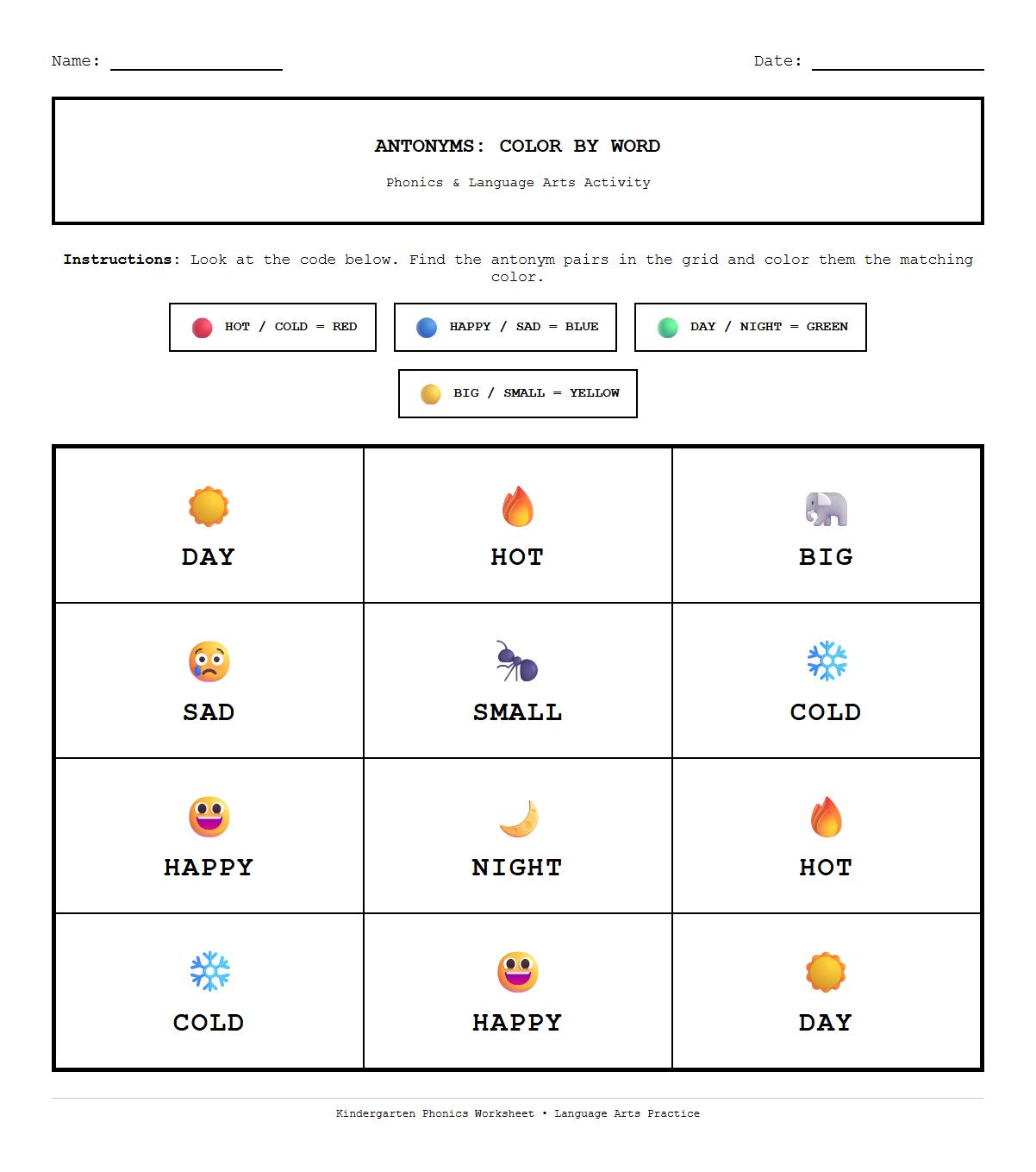 Kindergarten Phonics Worksheets: Antonyms Color by Word