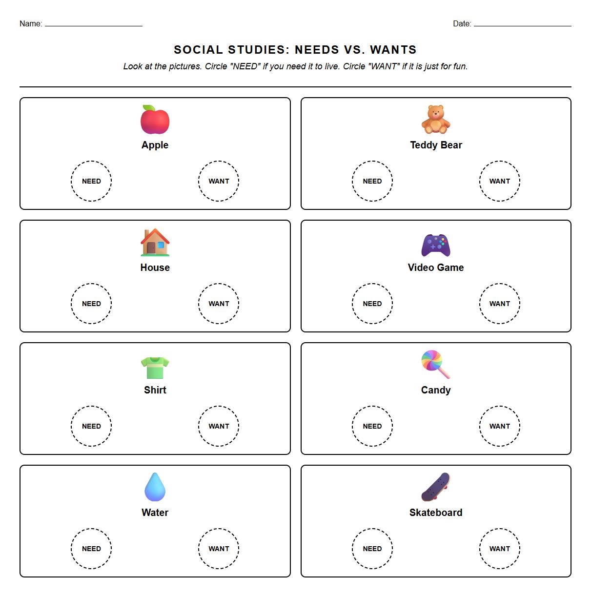 Kindergarten Picture Analysis Worksheet for Needs and Wants