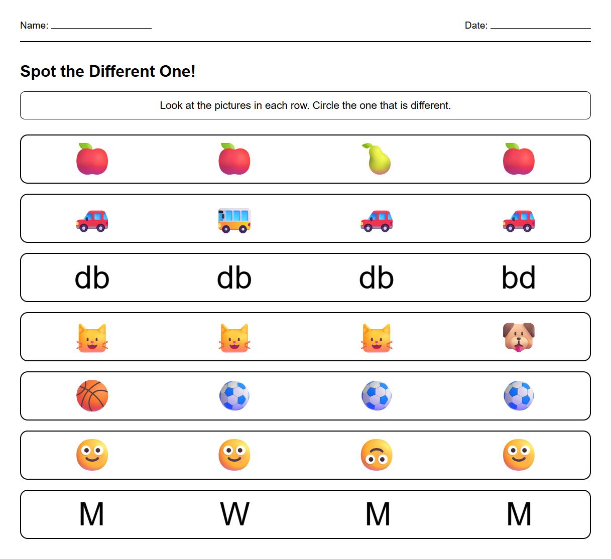 Kindergarten Spot the Difference Worksheet for Visual Discrimination and Phonics