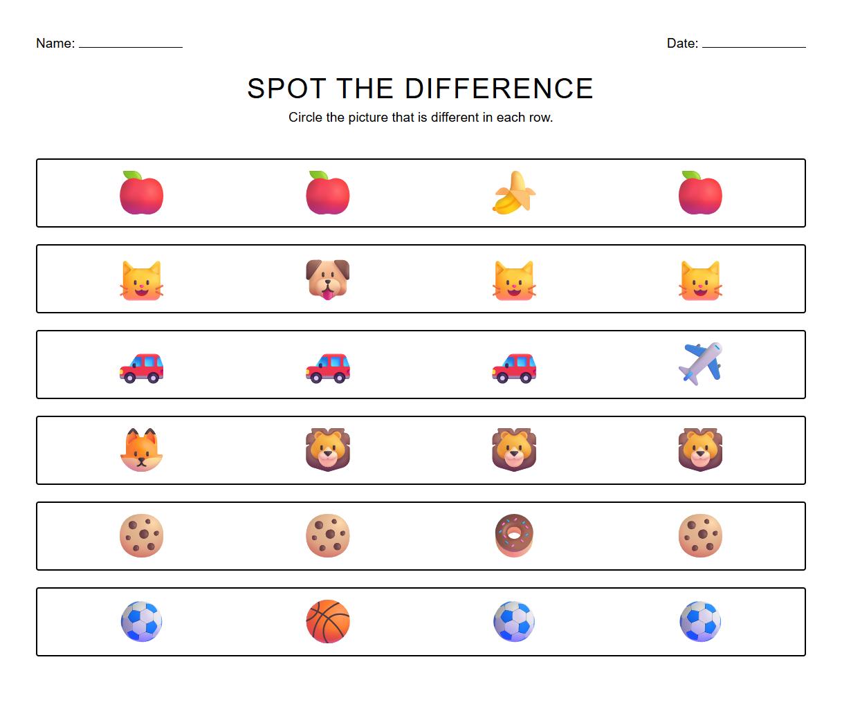 Kindergarten Spot the Difference Worksheet for Visual Discrimination Skills