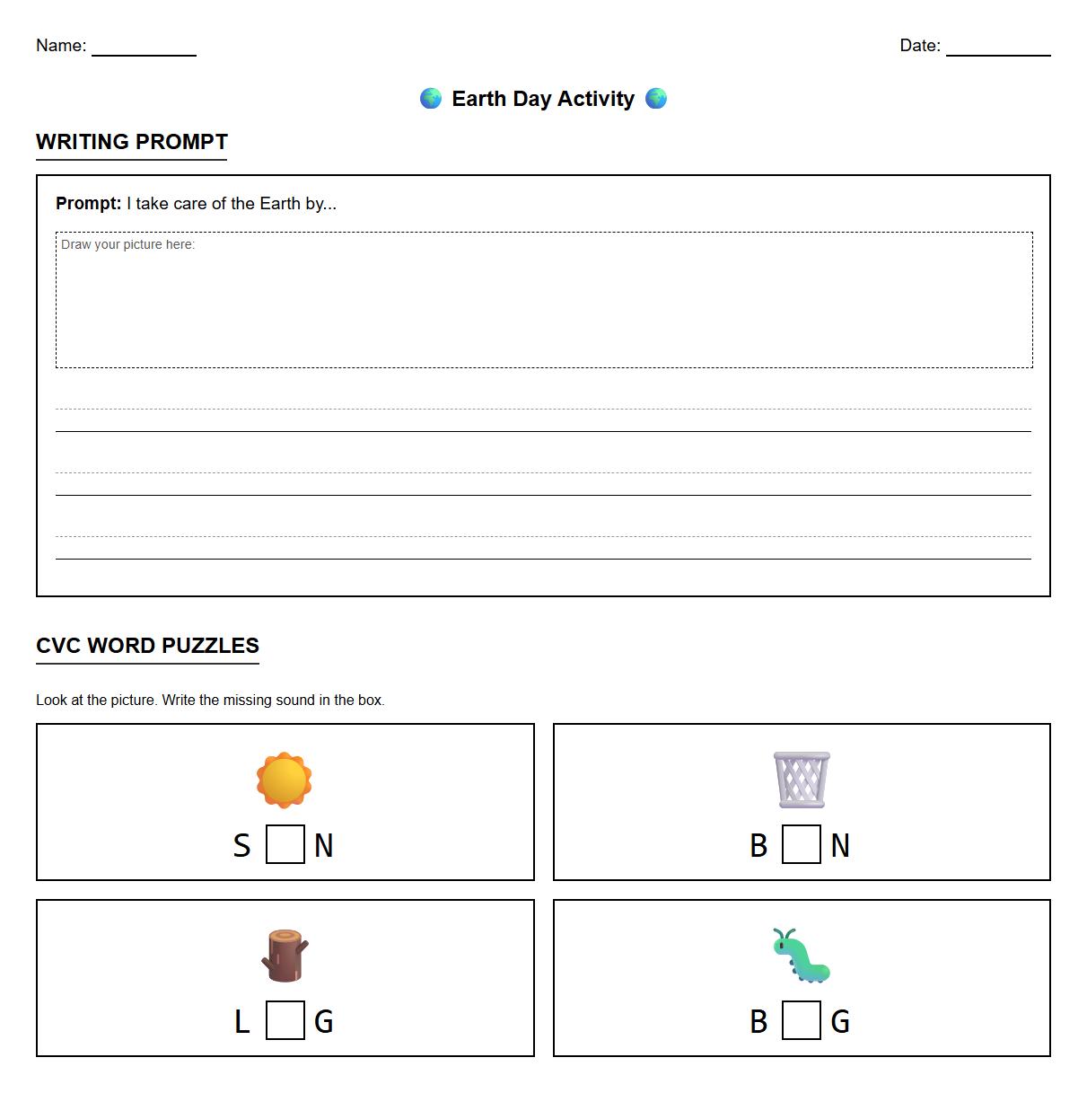 Kindergarten Writing Prompts Worksheet for Earth Day with CVC word puzzles and writing prompts