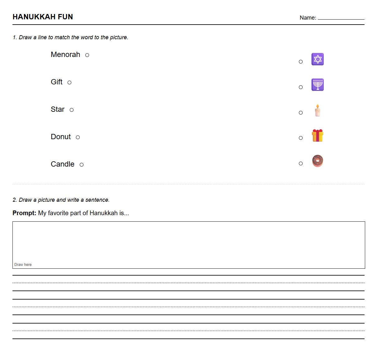 Kindergarten Writing Prompts Worksheet for Hanukkah integrating vocabulary matching