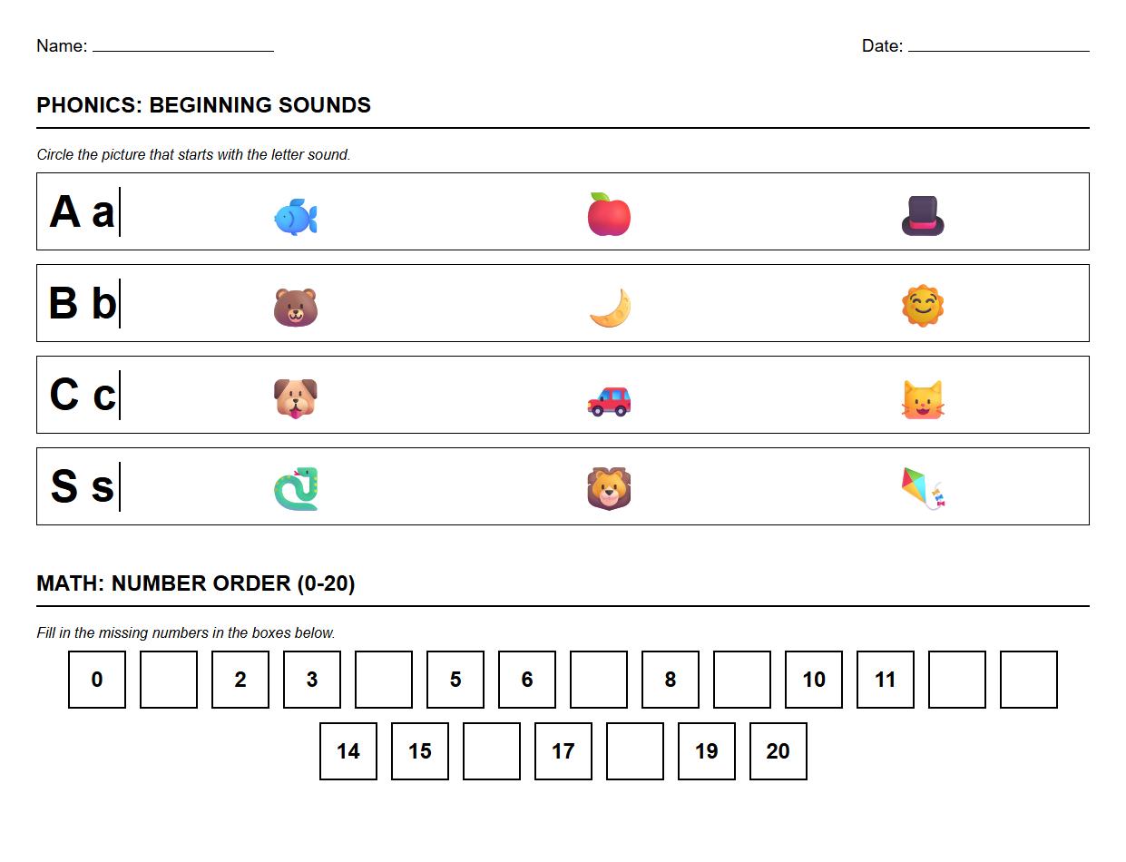 Letter Sound Correspondence Phonics and Number Order 0 to 20 Worksheet