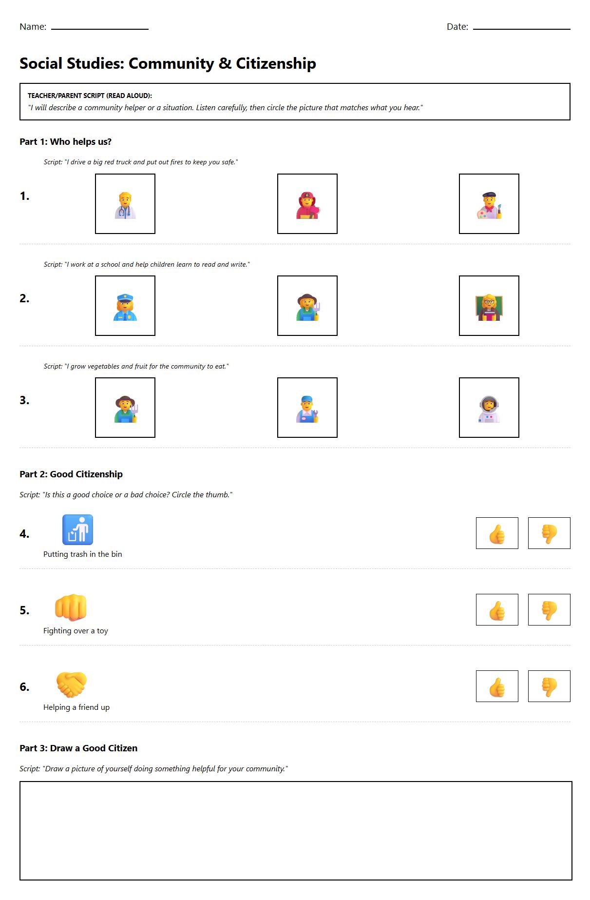 Listening Comprehension exercise about Community Helpers and Citizenship principles