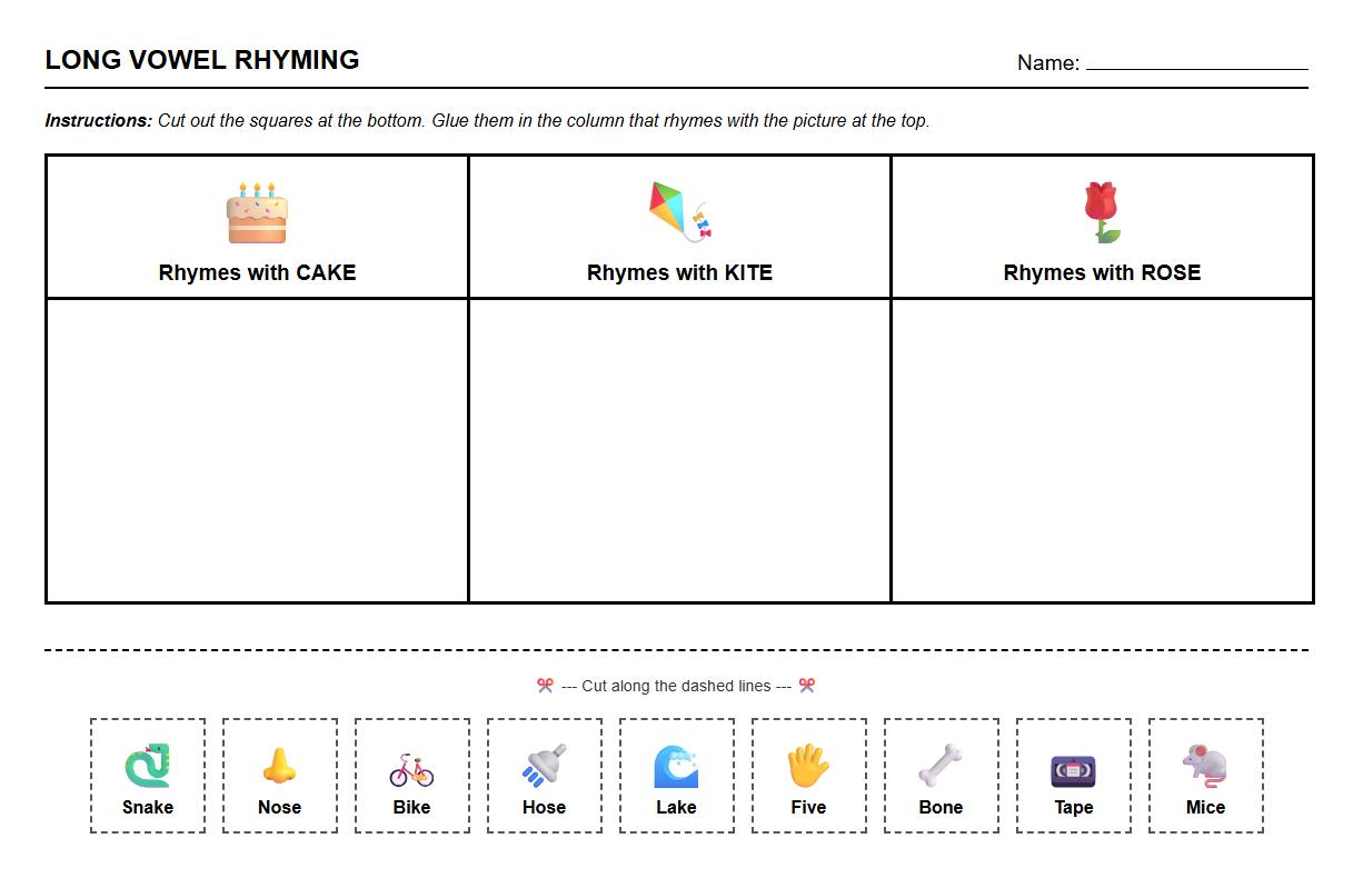 Long Vowel Rhyming Words Sorting Worksheet