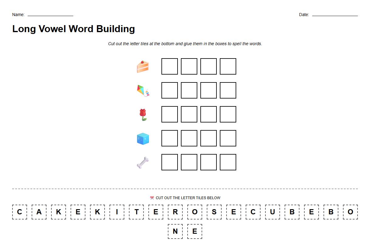 Long Vowel Word Building with Letter Tiles Worksheet