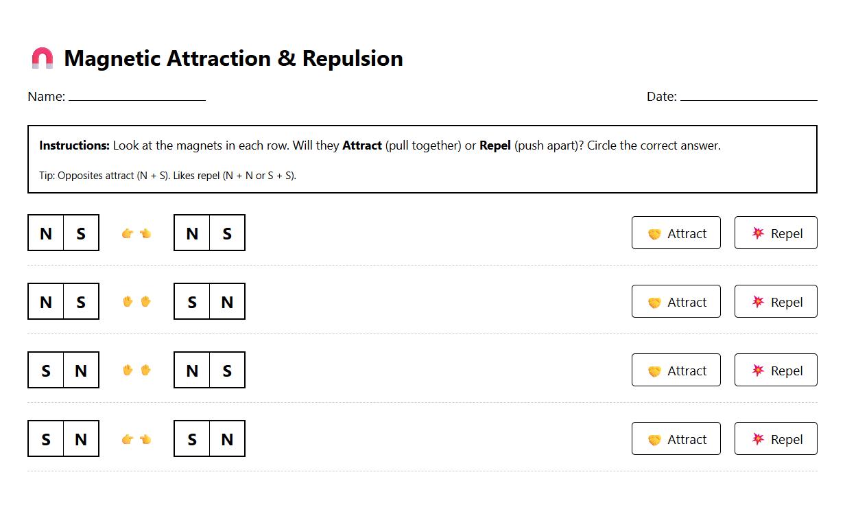 Magnetic Attraction and Repulsion Scenarios Worksheet