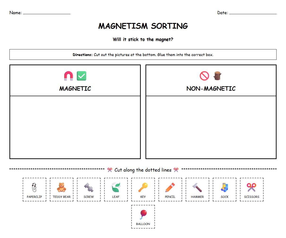 Magnetism Exploration Sorting Activity Sheet