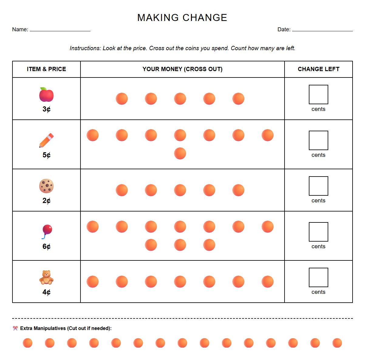 Making Change with Manipulative-Based Problems Worksheet
