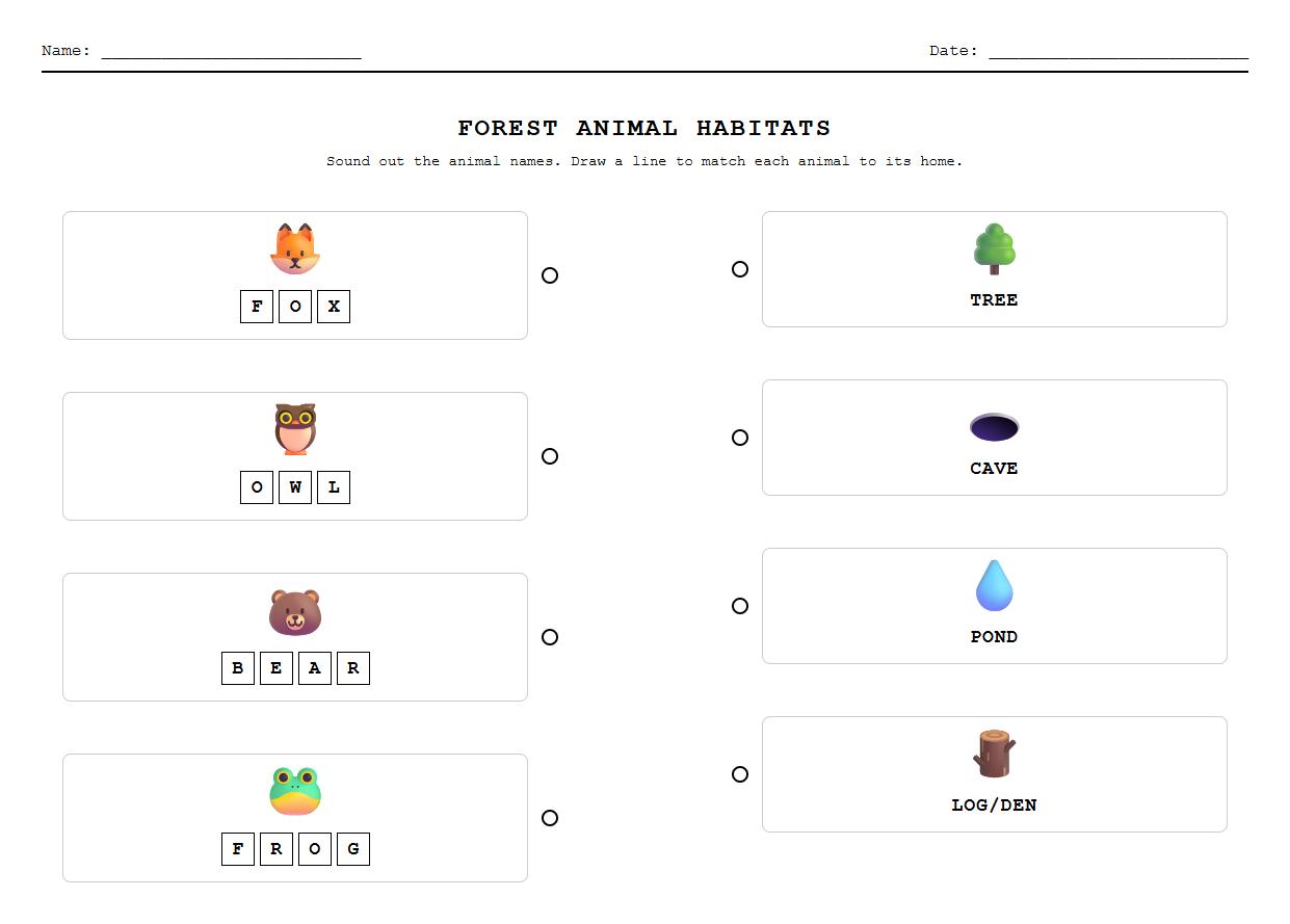 Match the Forest Animal to Its Habitat Worksheet with Phonics Sound Boxes
