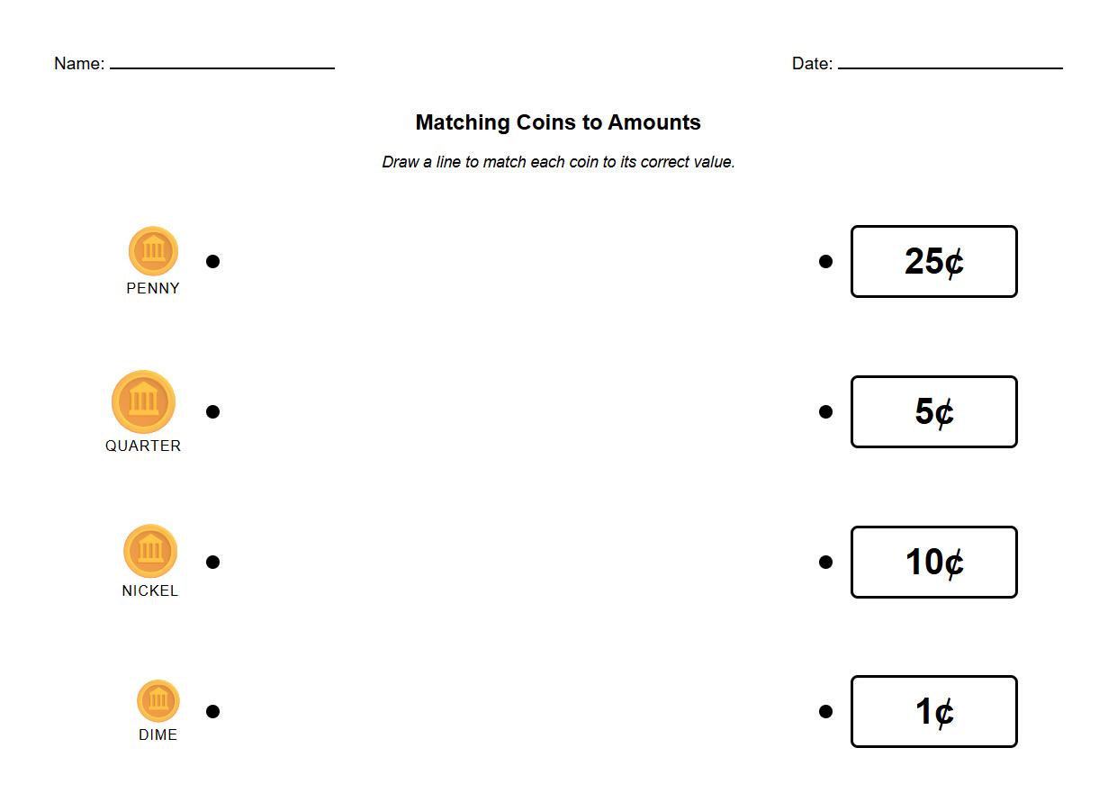 Matching Coins to Amounts Worksheet