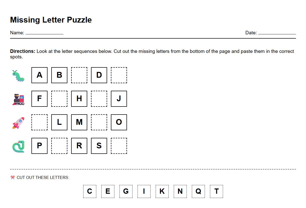 Missing Letter Sequencing Puzzle Worksheet for Alphabet Recognition