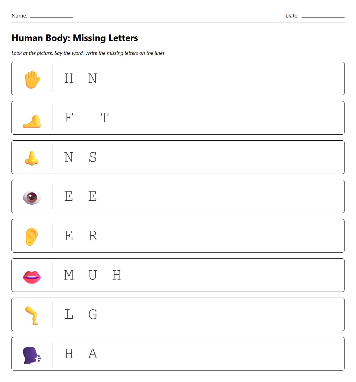 Missing Letters Human Body Phonics Drill