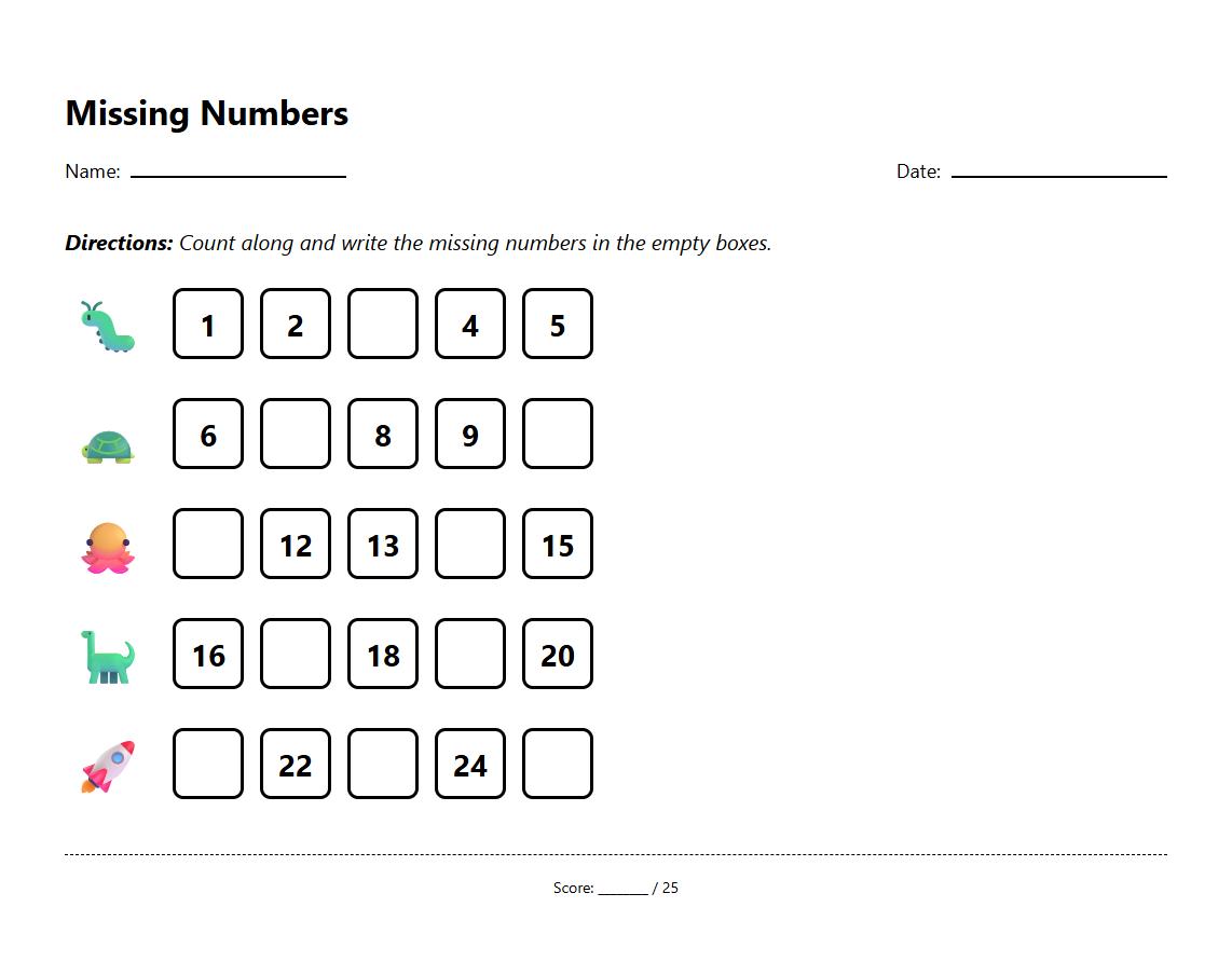 Missing Numbers in Counting Sequence Worksheet
