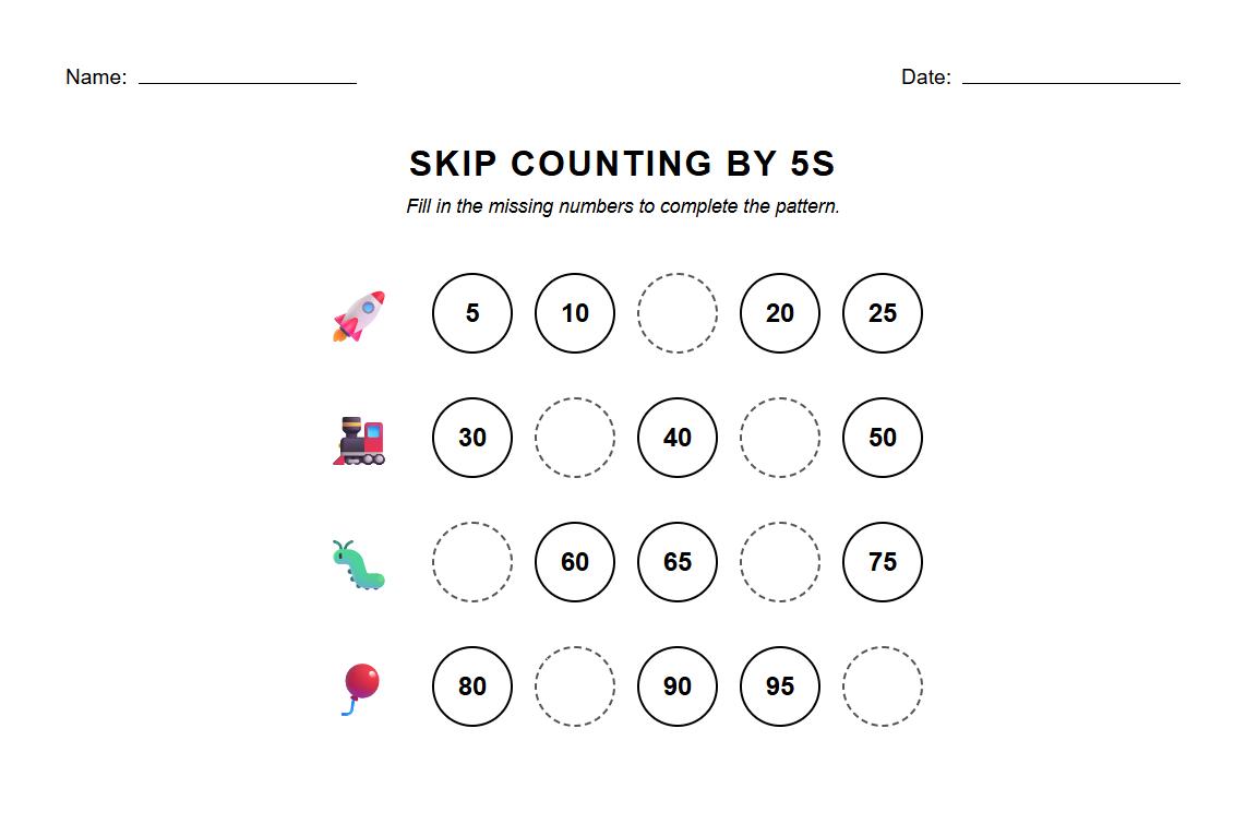 Missing Numbers in Skip Counting by 5s Worksheet