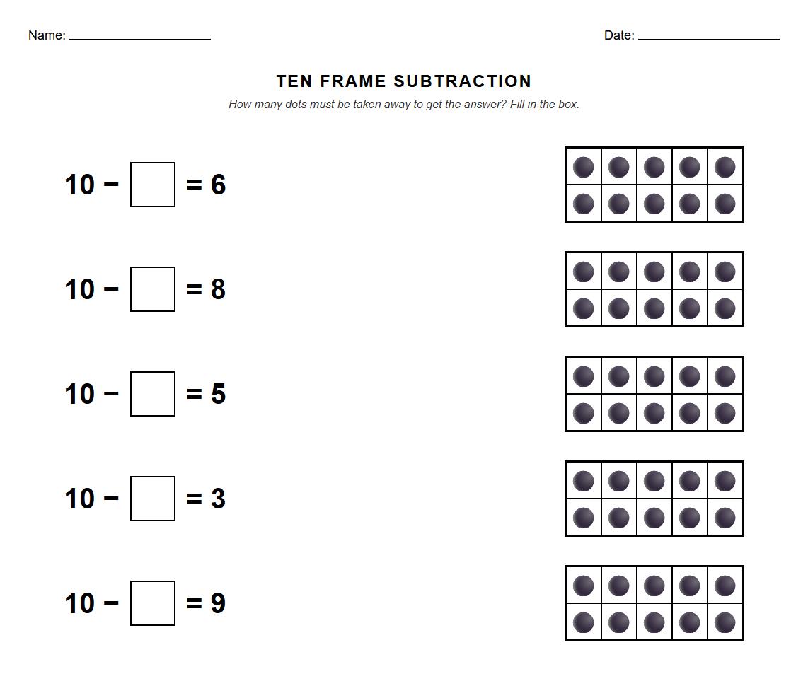 Missing Subtrahend on Ten Frames Worksheet